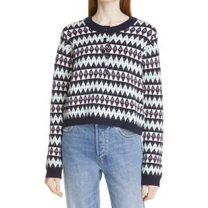 LA LIGNE Fair Isle Merino Wool Henley Sweater L Navy Multi Nordic Crop Button